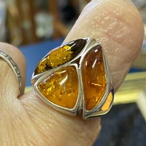 Vintage Sterling Silver Tri-colored Baltic Amber Ring size 7 1/2 EUC